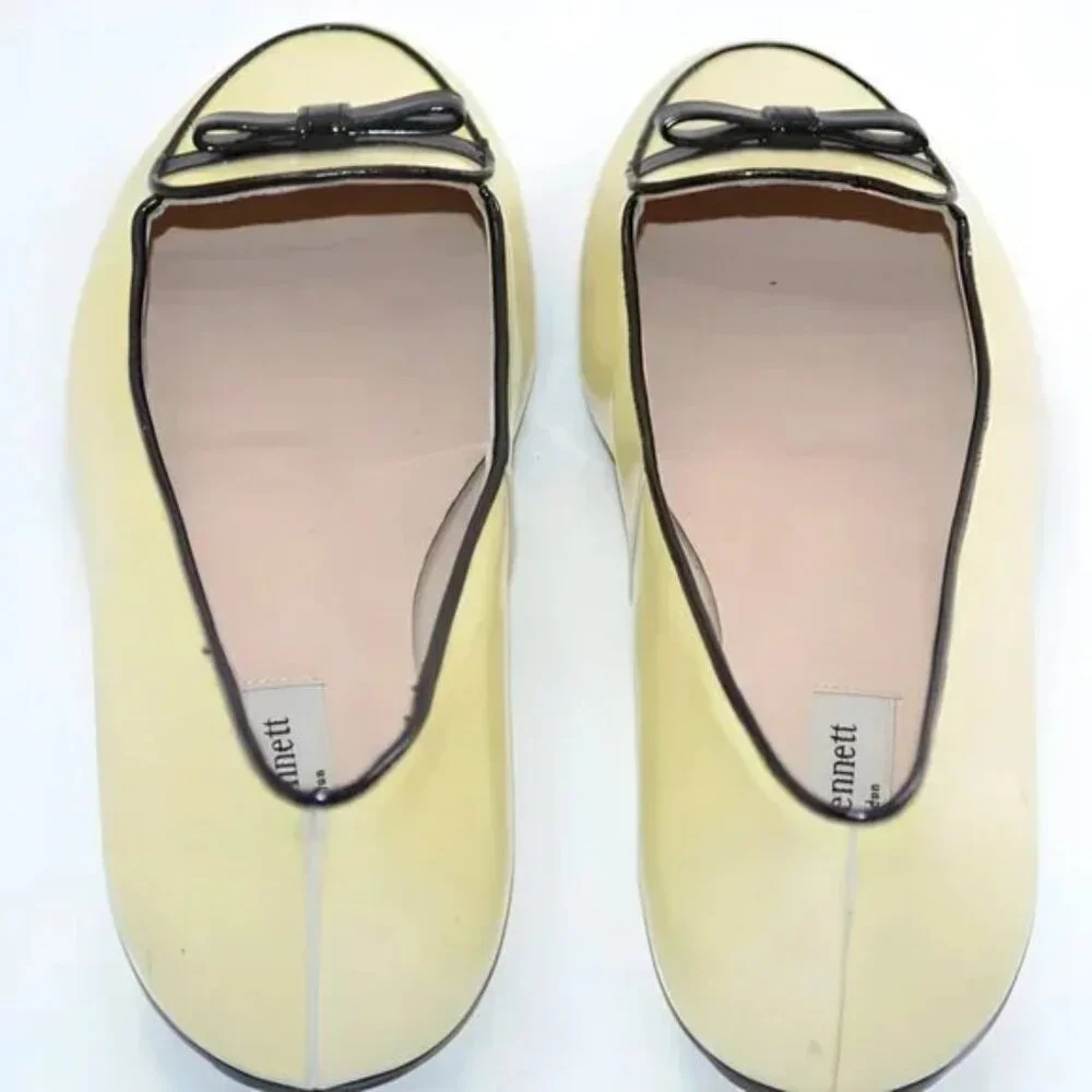 LK Bennet LKB Lemon Yellow Black Bow Cap Toe Patent Leather Shoes Loafers 39 8 - Picture 9 of 11
